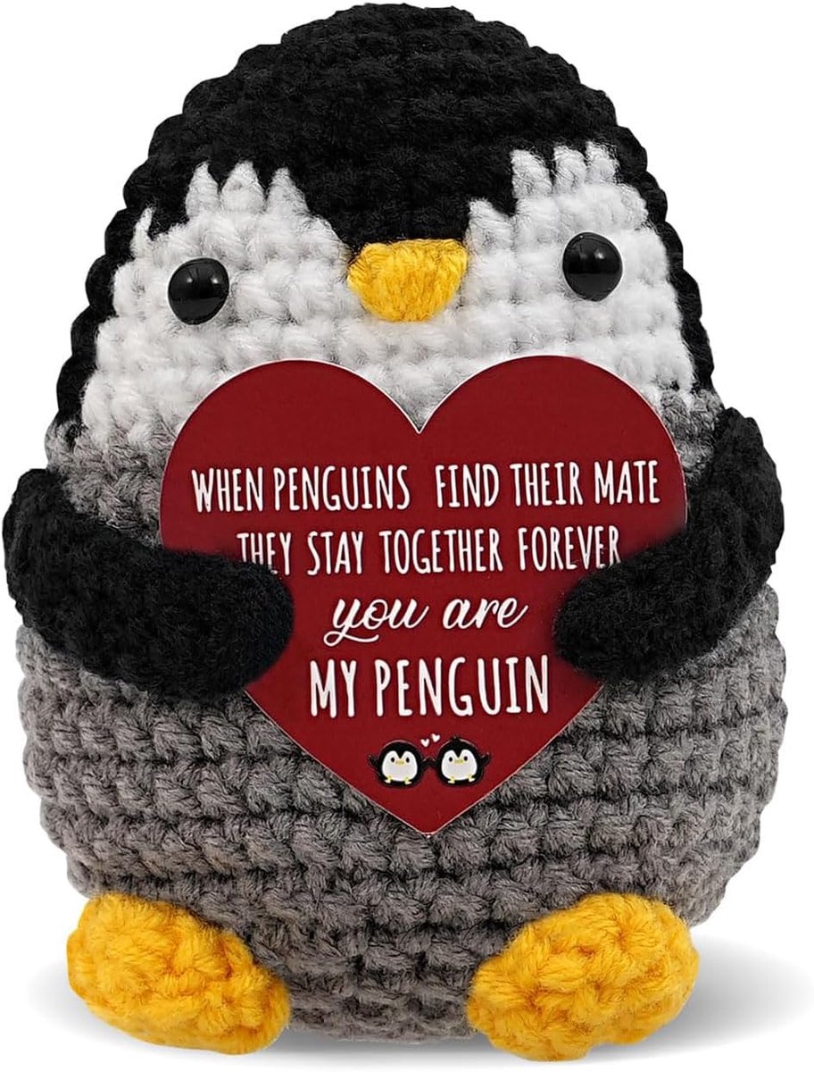 gehaakte pinguïn pluche met inspirerend hartteken, positieve pinguïn bureaudecoratie, schattig gebreid dierenaandenken cadeau voor vriend, mannen, vrienden, collega's
