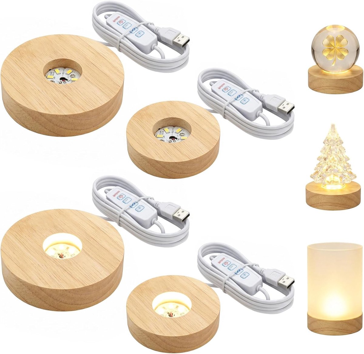 4 stuks houten led-sokkel voor acrylglas, houten lichtsokkel, led-lichtsokkel, rond, houten sokkel, verlicht met 7 kleuren lichtwisseling en USB-aansluiting voor kristal, sieraden, lamp, glaskunst (3
