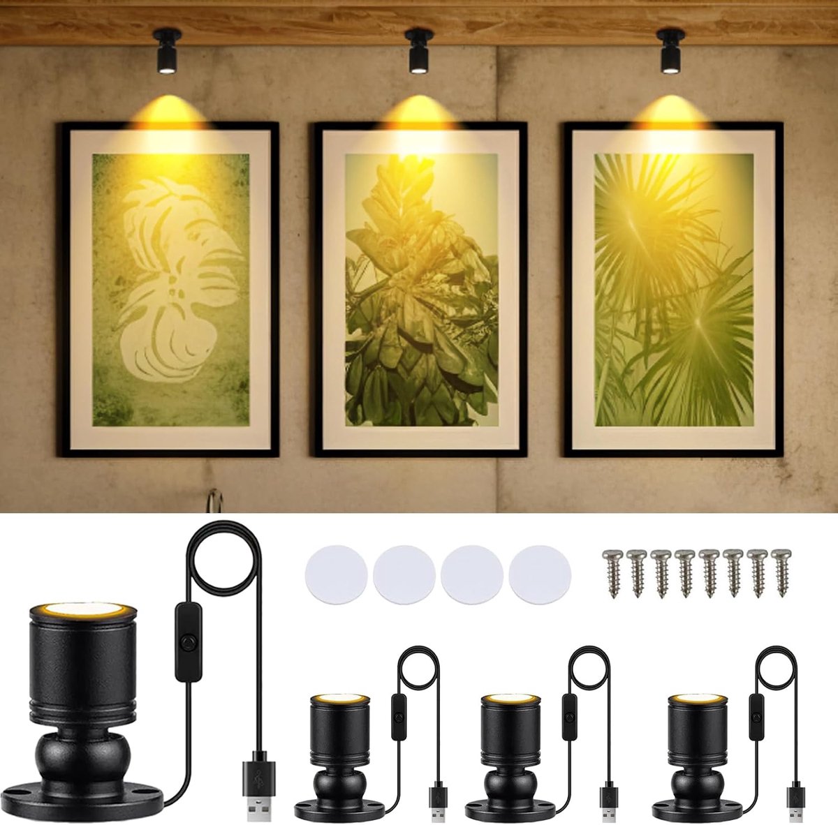 4 Stück,Mini led Licht,360°Schwenkbar,Warmweiß 3000K | led Spots Aluminium Lampenkörpe USB mini Strahler Kleines 5V 1W ed Scheinwerfer Spotlight Bilderlichter für Schmuck