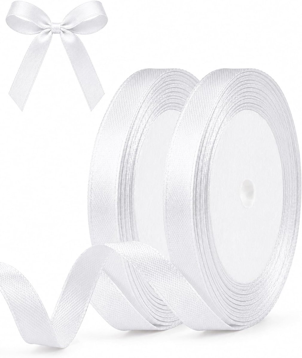 2 Satijnen Lint 10 mm Cadeaus, Decoratie, Knutsel, Bruiloft Wit | 2 Rollen Satijnen Lint 10mm X 44m, Elegant, Sterk En Perfect Voor Cadeaus En DIY