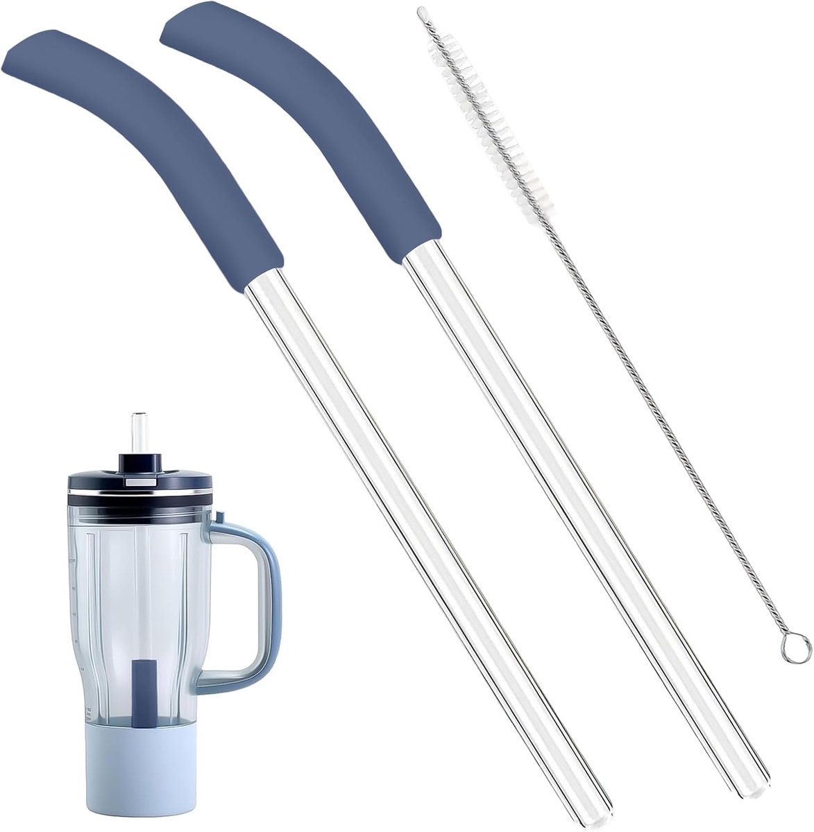 rietjesset voor Ninja Blend Boss blender en reisbeker (donkerblauw) | 2 herbruikbare glazen rietjes, een reinigingsborstel, compatibel met Ninja Blend Boss reisbeker, siliconen voet, BPA-vrij