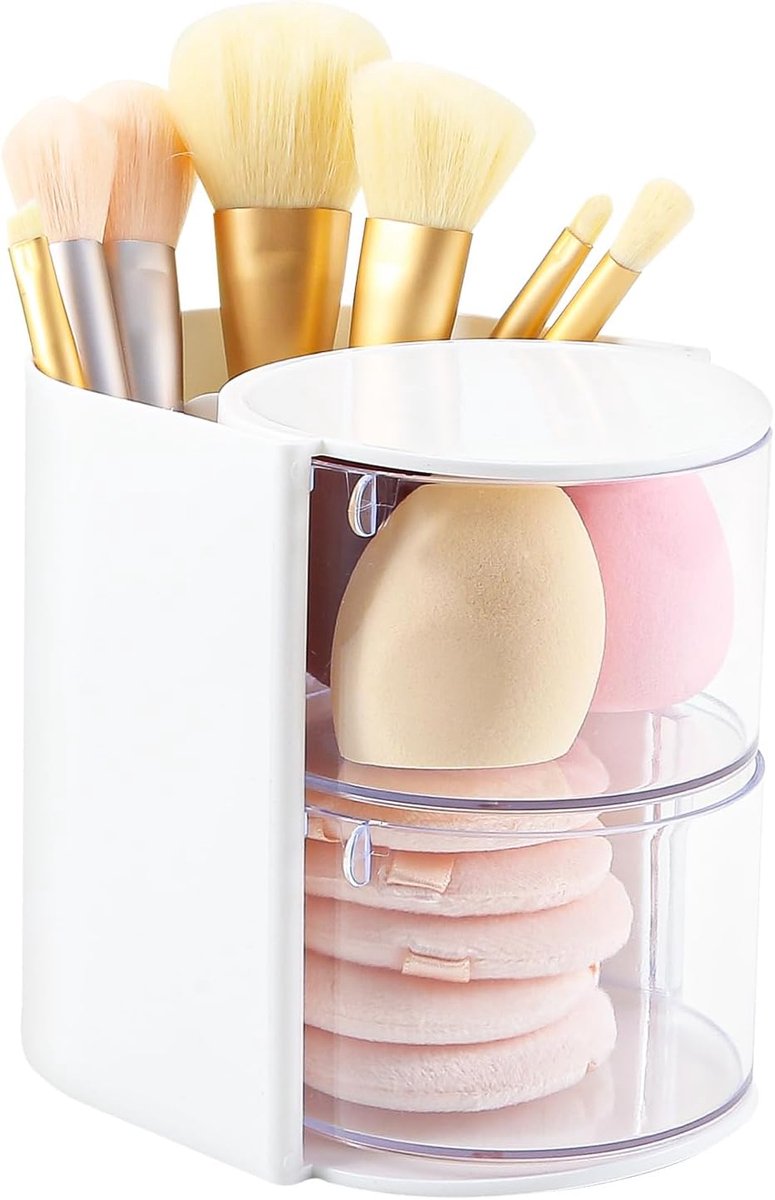 2-laags make-up borstelhouder met haaraccessoires organizer, draaibare desktop organizer case voor haarclip, make-up spons, sieraden en haaraccessoires, haarborstelhouder voor ijdelheid (wit)
