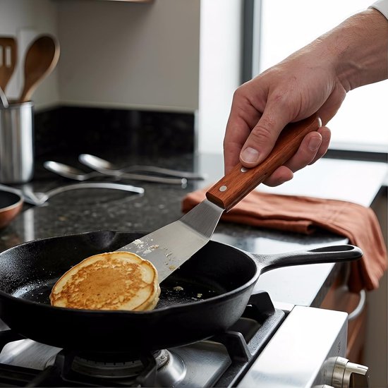 Spatels van roestvrij staal met houten handvat, spatel voor frituren, grillbenodigdheden, teppanyaki, pizzaschep steak, set met gat, glad — afbeelding 5