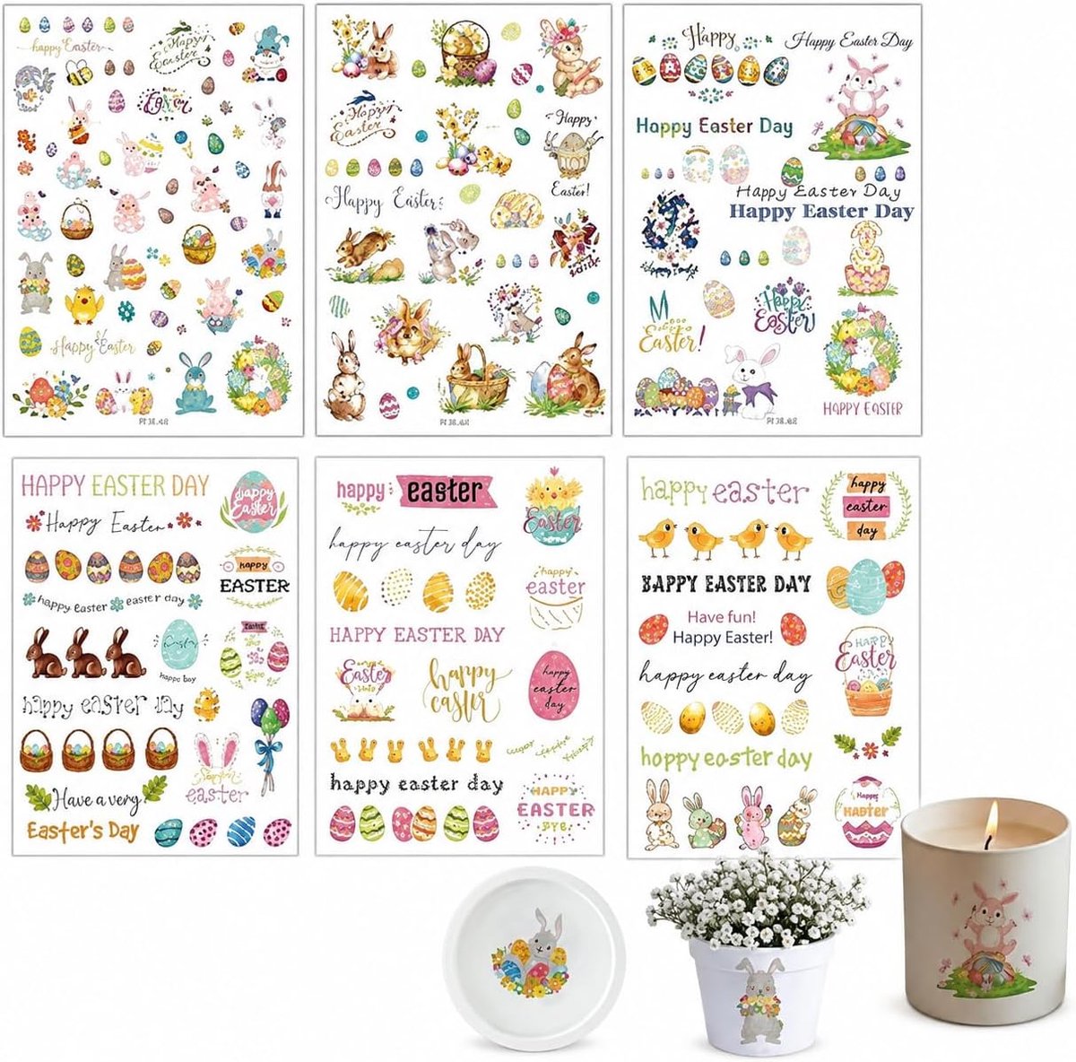 Rub On Stickers, 6 stuks, Zelfklevende Paastransfer Set | Wrijf op sticker, Voor glas hout meubels keramiek, Kleurrijke paaseieren paashaas lente, Transferfolie, Paasdecoratie