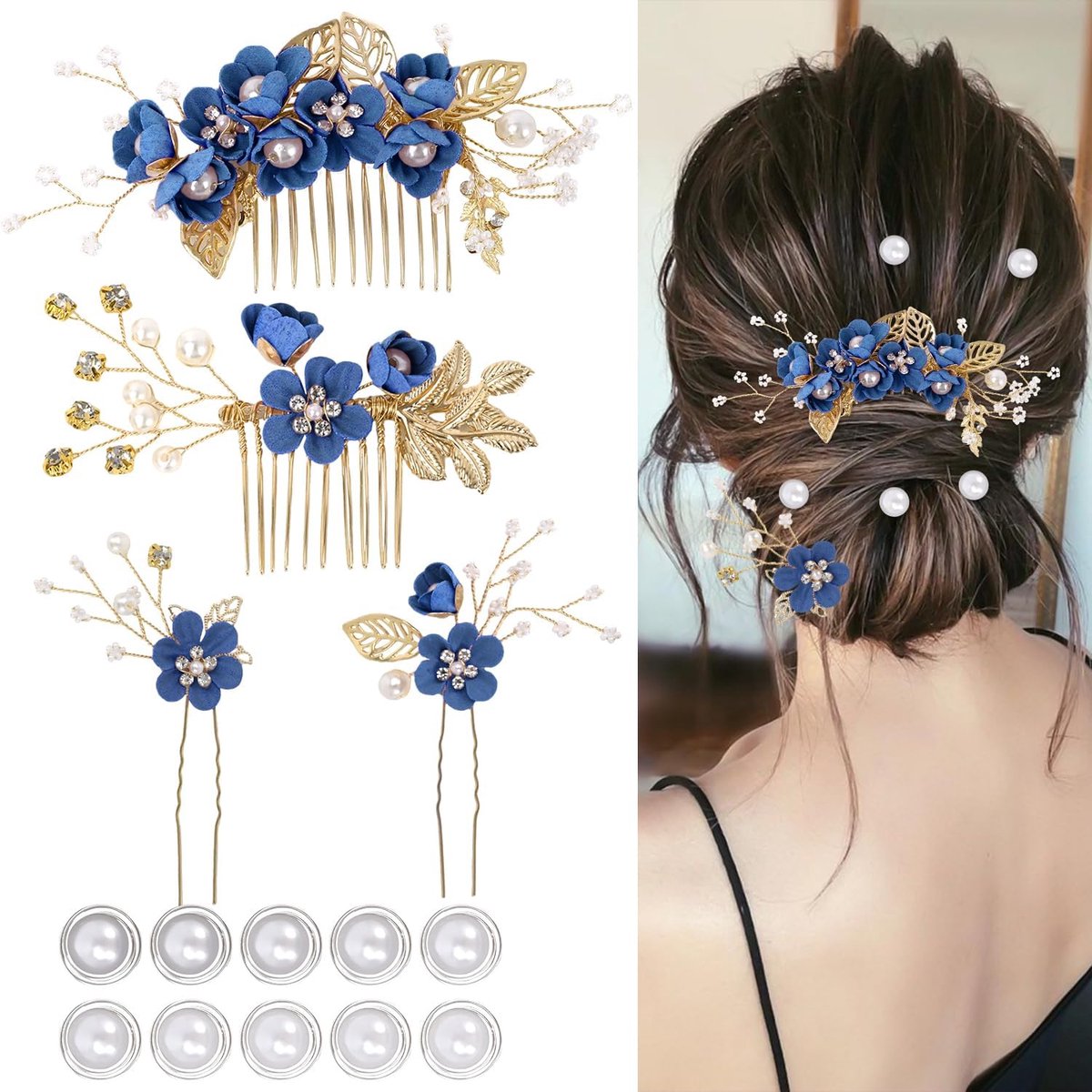 4-delige haaraccessoires voor bruiloften voor vrouwen, stijlvolle bruidshaarspelden, bloemen, bruidsmeisjeshaaraccessoires, 10 spiraalvormige parelhaarspelden voor vrouwen en meisjes (koningsblauw)