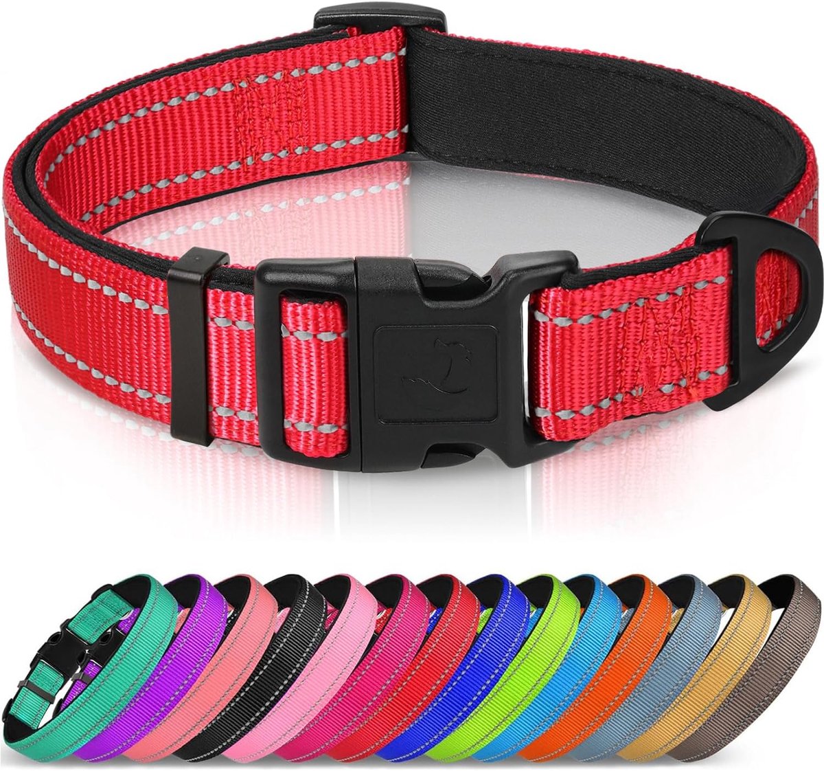 Hondenhalsband, breed gevoerd hondenhalsband van neopreen en nylon, verstelbaar hondenhalsband, zacht en reflecterend, voor grote honden, XL, rood