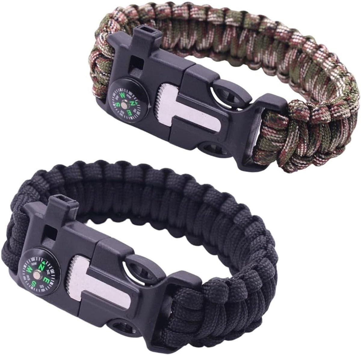 2 stuks survivalarmband met kompas, paracord voor kamperen en activiteiten, outdoor noodfluitje (zwart + groen)