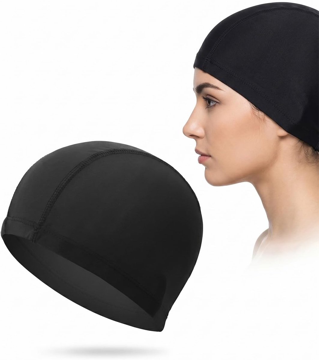 1 x zwarte waterdichte PU-badmuts met oorbeschermers, houdt het haar droog en comfortabel voor mannen en vrouwen, lang of kort haar.