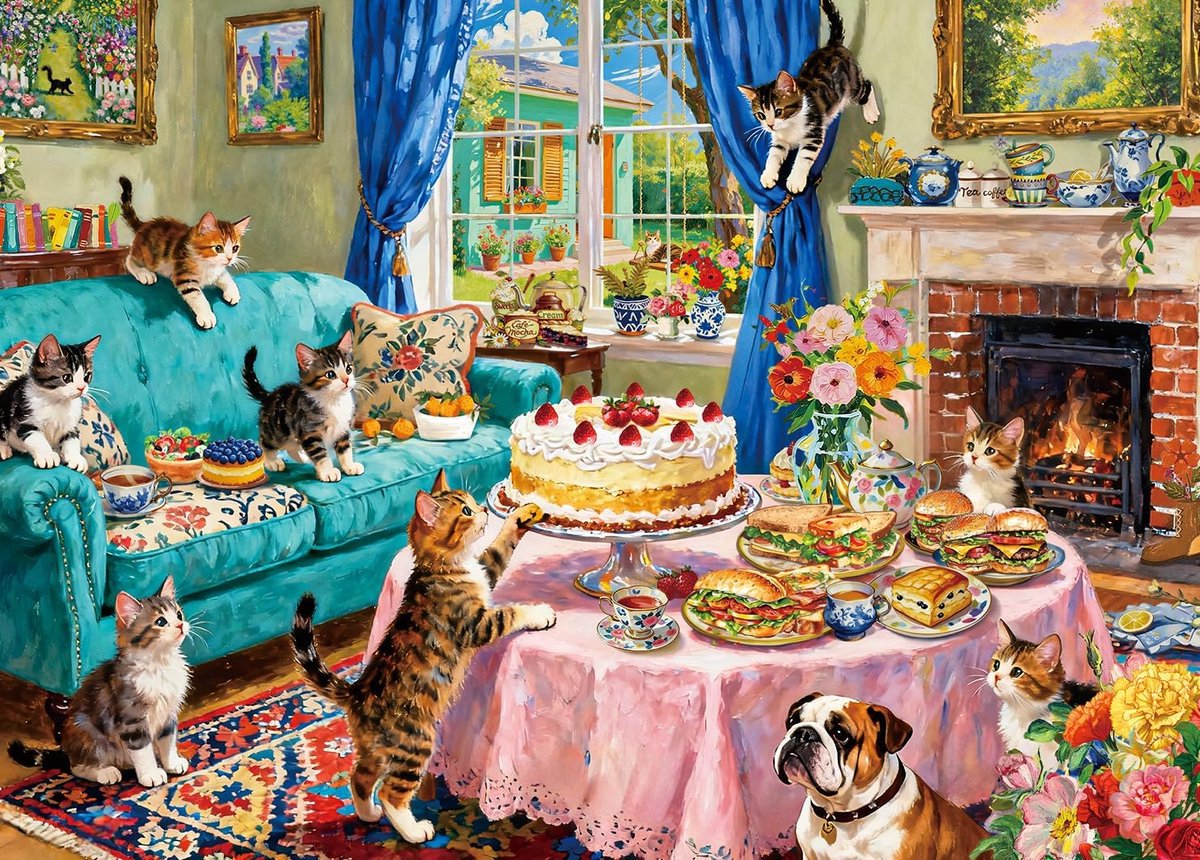 Puzzel van 500 stukjes voor volwassenen, klassiek educatief spel, prachtige decoratie, schattig, katjes bij familiethee, puzzel, geschenken