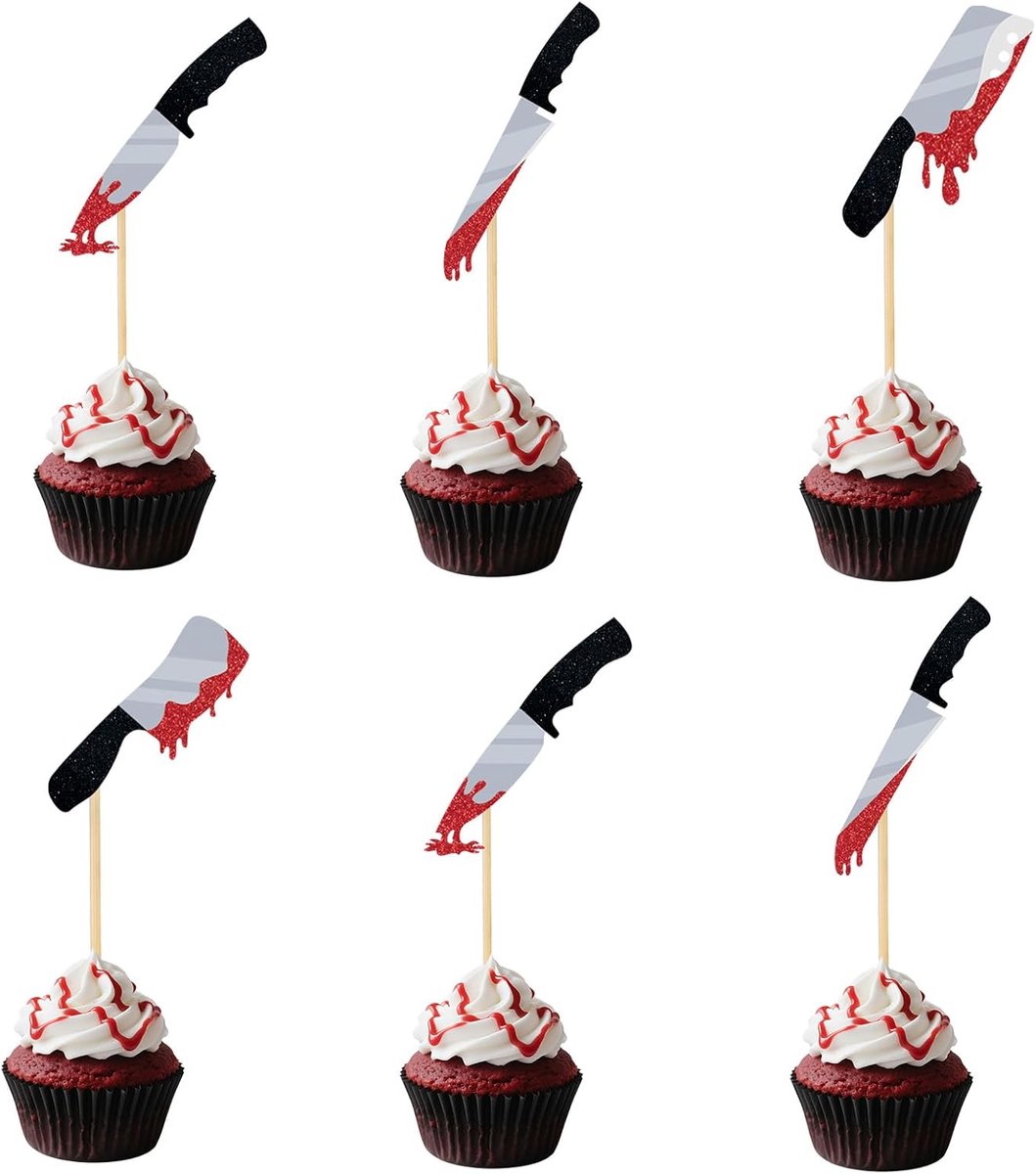 24 stuks Halloween Cupcake Toppers, Glitter Horror Bloedmes Cupcake Prikkers Moorddadige Verjaardagstaartdecoraties voor Halloweenfeest Thema Verjaardagsbenodigdheden