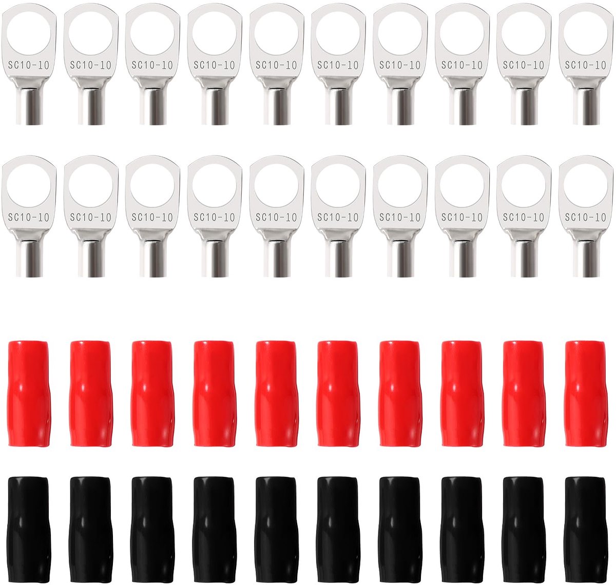 40 Stuks M10 SC10-10 AWG8 Ringklemmen Set, Buisvormige Batterijkabeluiteinden, Batterij Kabel Eind Terminals, met Isolatie Mouwen, voor Elektrische Kabel, Zilver