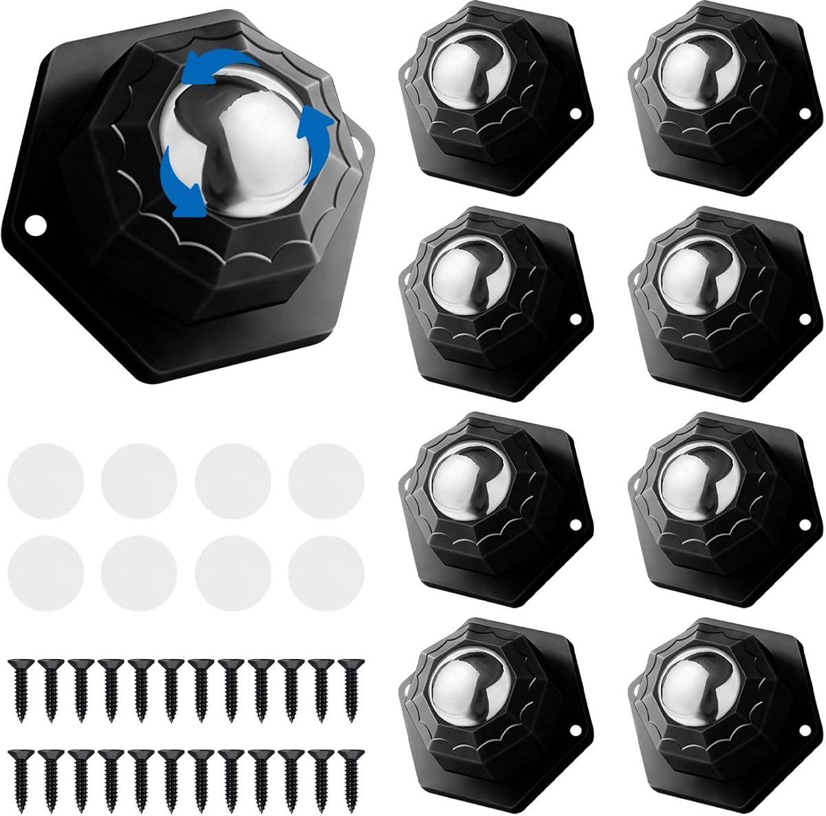 Set van 8 kogelwielen voor meubels, meubelwielen, plat 360° draaibaar, zelfklevende meubelwielen, zware belasting voor meubels, keukengerei, elektrische apparaten, opbergdozen