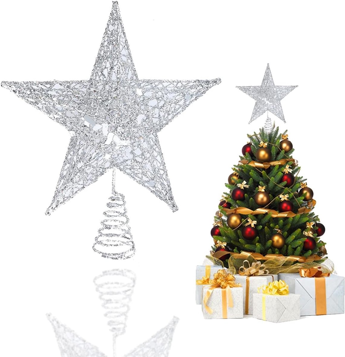 Boompiek ster zilver glinsterend – zilveren kerstboompiek van metaal in 3D-design, lichte kerstboompiek topper ster voor kerstboom & dennenboom, spitszilver, 20 x 20 cm