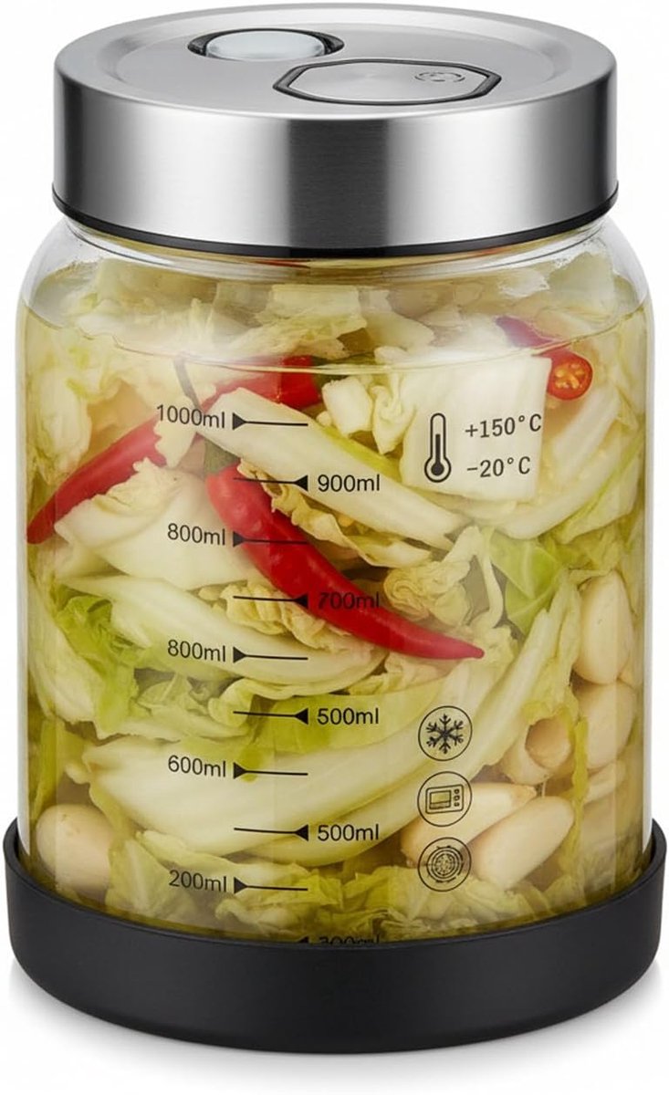 Fermentatieglas met deksel, 1L glas verginglas, kimchi container, inmaakglas met vergingventiel, voor de verging van kefir kimchi, zuurkool, komkommer, zuurdesem starter, zuurdesemstarter