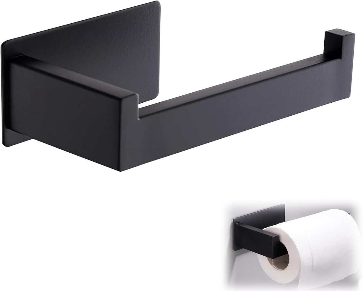 Toiletpapierhouder, wc-rolhouder zonder boren, toiletpapierhouder om te lijmen, roestvrij staal, wc-rolhouder, 14 x 7,7 cm, wc-rolhouder voor keuken en badkamer, zwart