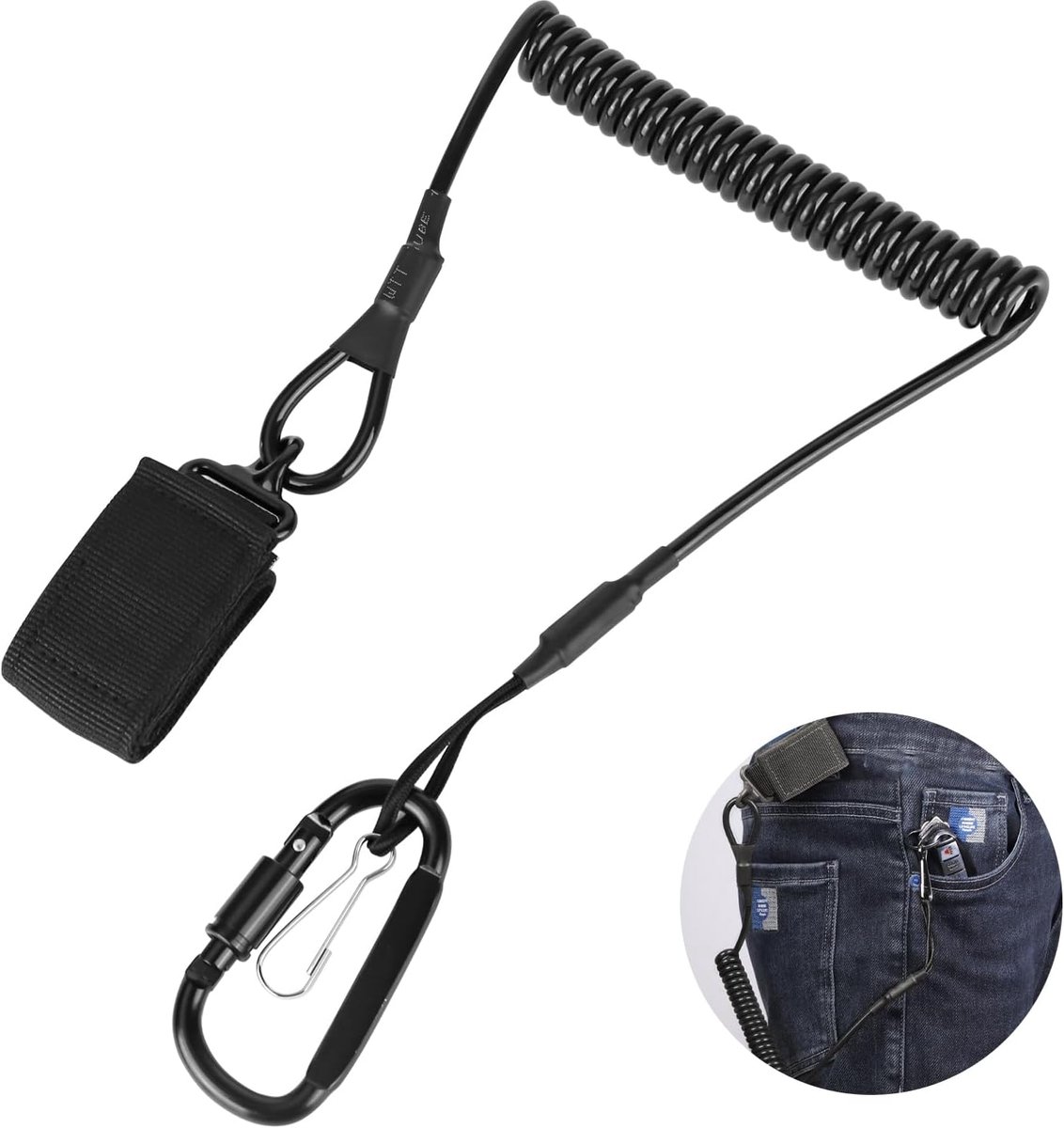 spiraalkabel met karabijnhaak, uittrekbare gereedschapsband, paracord, tactisch koord, spiraal sleutelhanger, veiligheidstouw met klittenbandsluiting, geschikt voor wandelen, klimmen