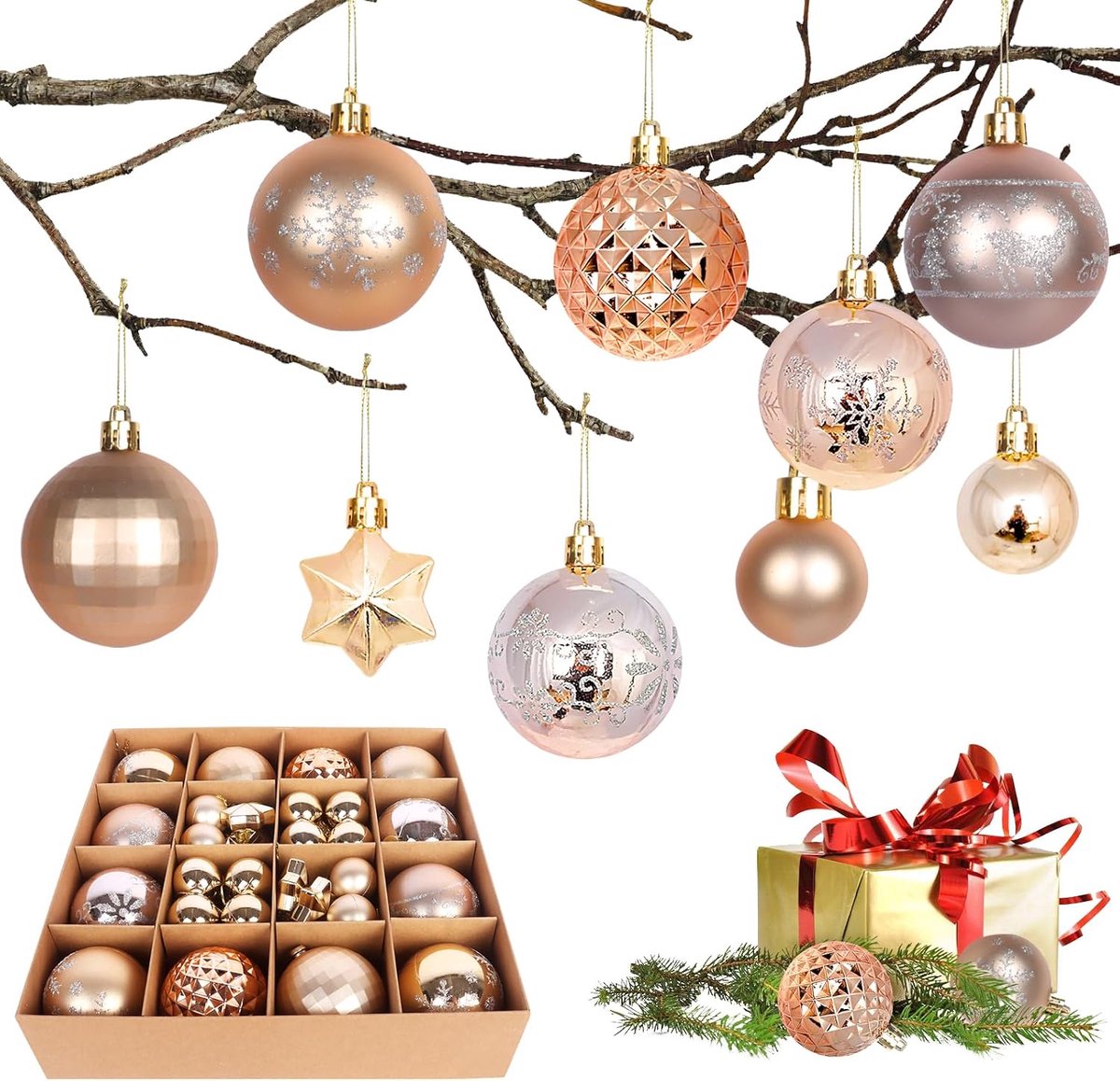 Kerstballen, kunststof, 44 stuks, roze en blauw, kerstballen, kerstboomversiering voor festivaldecoraties, deurkrans, kerstboomversiering (champagnegoud)