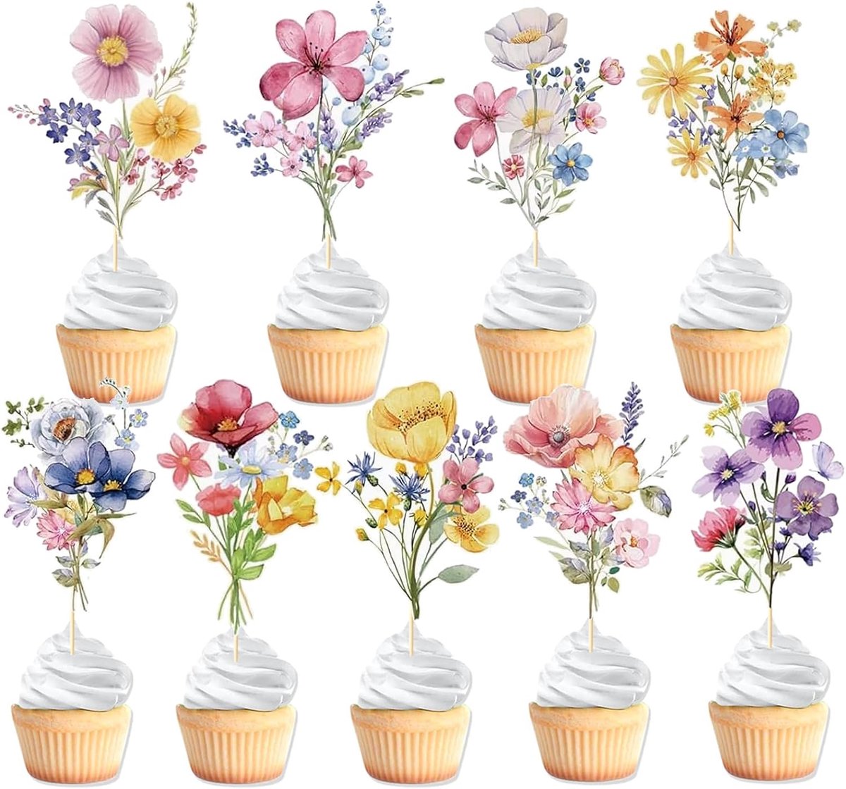 36 stuks cupcake-toppers met wilde bloemen, bloemen-taarttoppers, babyshower, taartdecoratie voor bruiloften, thee-feestdecoratie, sprookjesveer