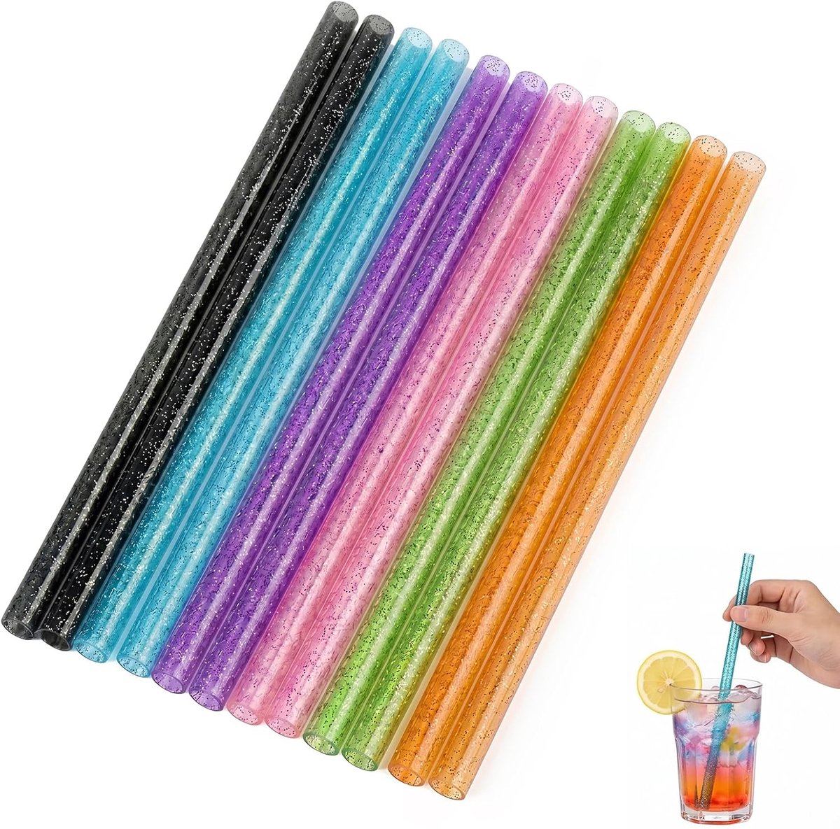 Herbruikbare rietjes van kunststof met glitter, 30 cm lang en 10 mm diameter, brede rietjes voor smoothies, cocktails en grote bekers, 6 glinsterende kleuren