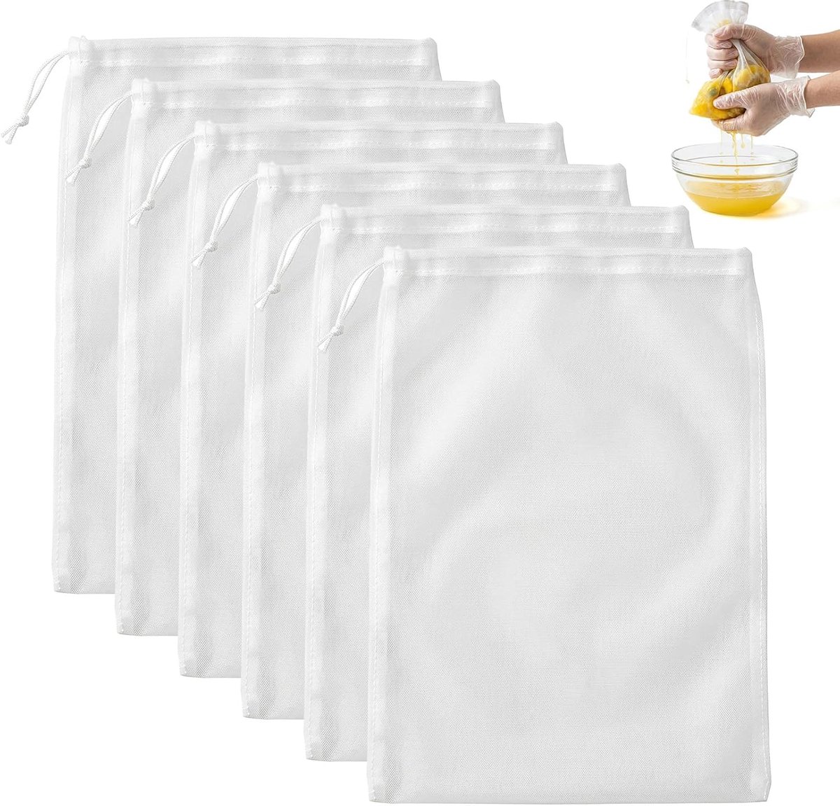 6 stuks, 20 x 30 cm, passeerdoek, nylon, filterzakken, herbruikbaar, wasbaar, met trekkoord, biologische notenmelkzak, voor notenmelk, yoghurt, koffie, kaas, vruchtensap