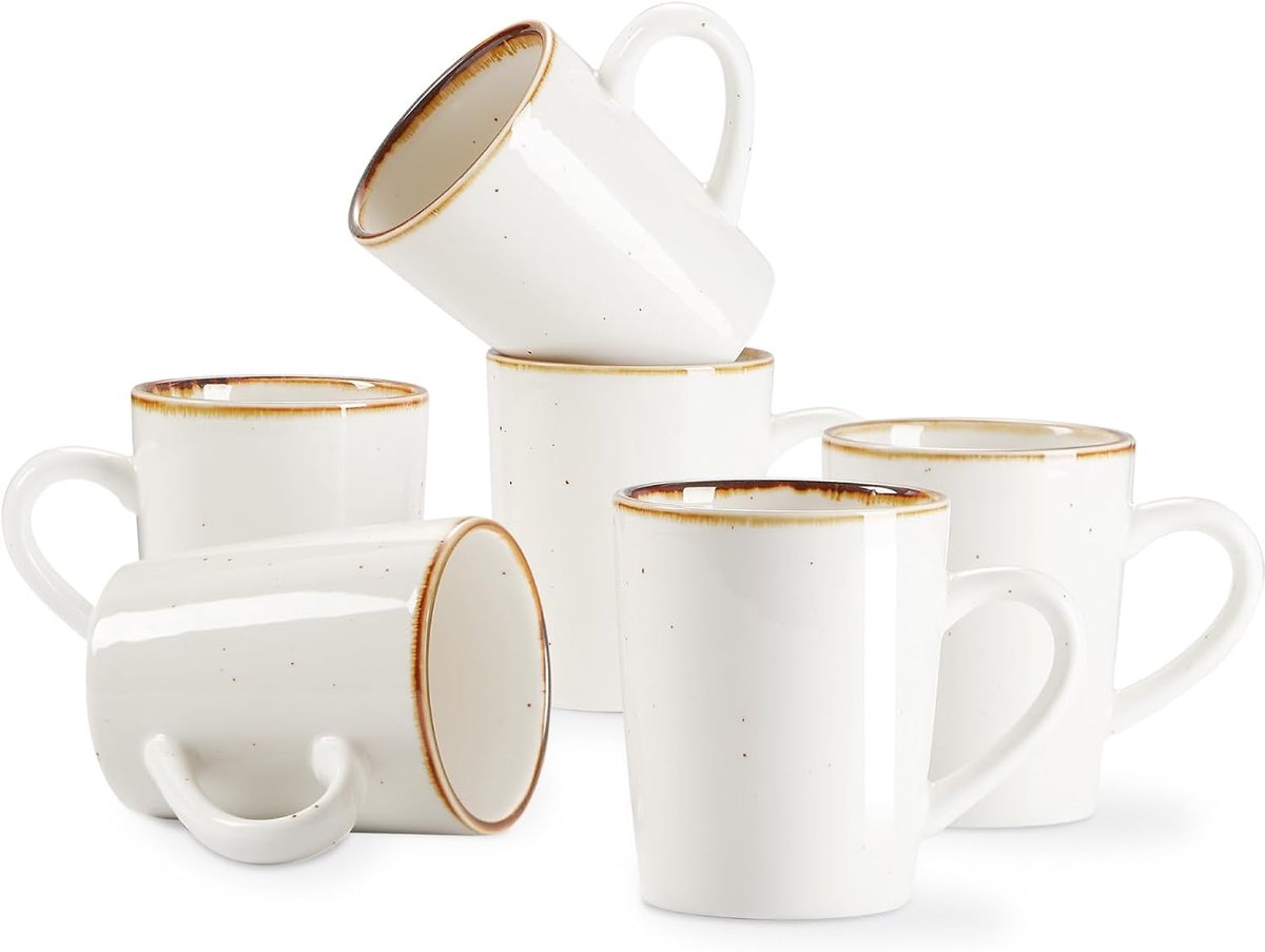 Keramische mokken Set van 6, 360ml - Magnetron- en vaatwasmachinebestendige kopjes voor koffie, thee - glanzend glazuur, gespikkeld ontwerp - crèmewit