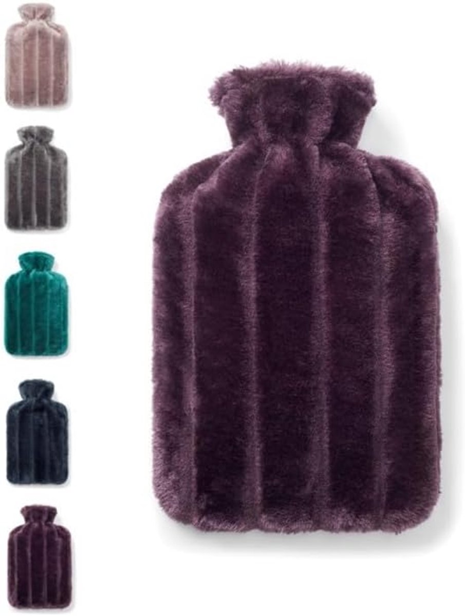 2 liter warmwaterkruik, super zacht pluche bont, superieure kwaliteit, eenvoudige klittenbandsluiting, premium natuurlijk geribbeld rubber, veilige lekvrije schroefdop (pruimenpaars, normaal)