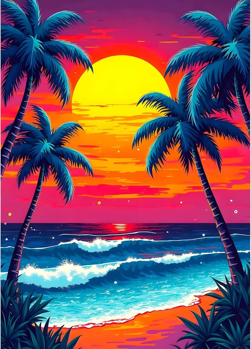 DIY Seaside Sunset 5D Diamond Art Kits, ronde boor kokosbomen diamant schilderij afbeelding, landschap schilderen op nummer kunst kits voor volwassenen beginners thuis muur decor 30,5 x 40,6 cm