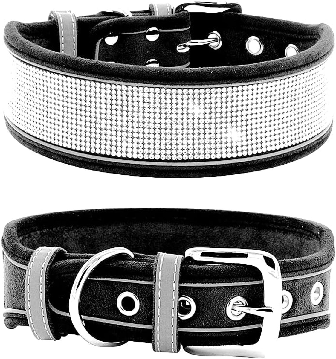 halsband, oogverblindend, sprankelend, zacht suède, reflecterende grote hondenhalsband, kristal diamanten halsband voor middelgrote en grote honden (M:15-19 inch, zwart)
