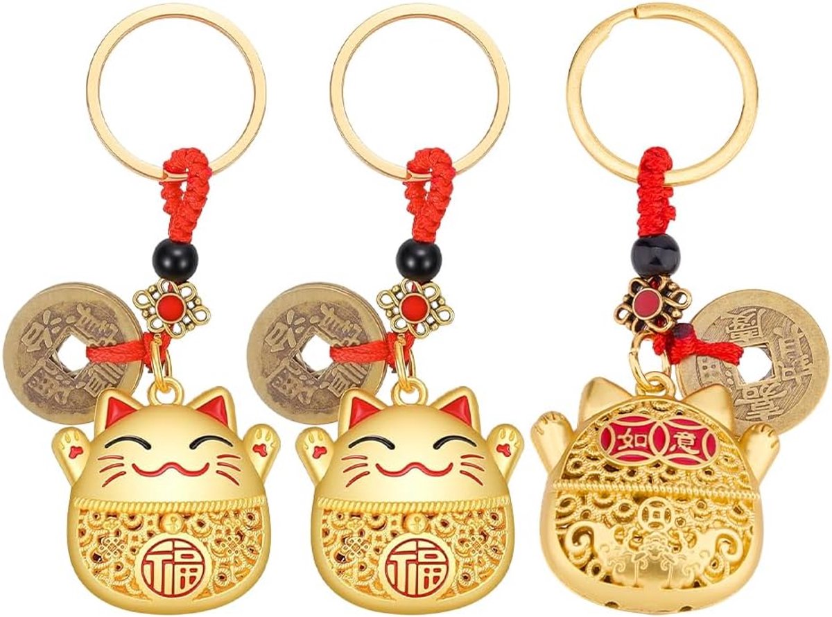 3 stuks Maneki Neko gelukskat sleutelhanger met Feng Shui munten en Hulu geluksbrenger Fengshui geluk sleutelhanger goud legering sleutelringen voor vrouwen mannen