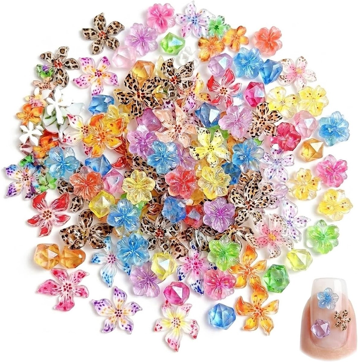 120 stuks 3D-nageldecoratie, hibiscusbloemen en vijf bloemblaadjes, harsversieringen met kristaleffect voor manicure, zomeraccessoires voor nagels en knutselen, gemengde kleuren