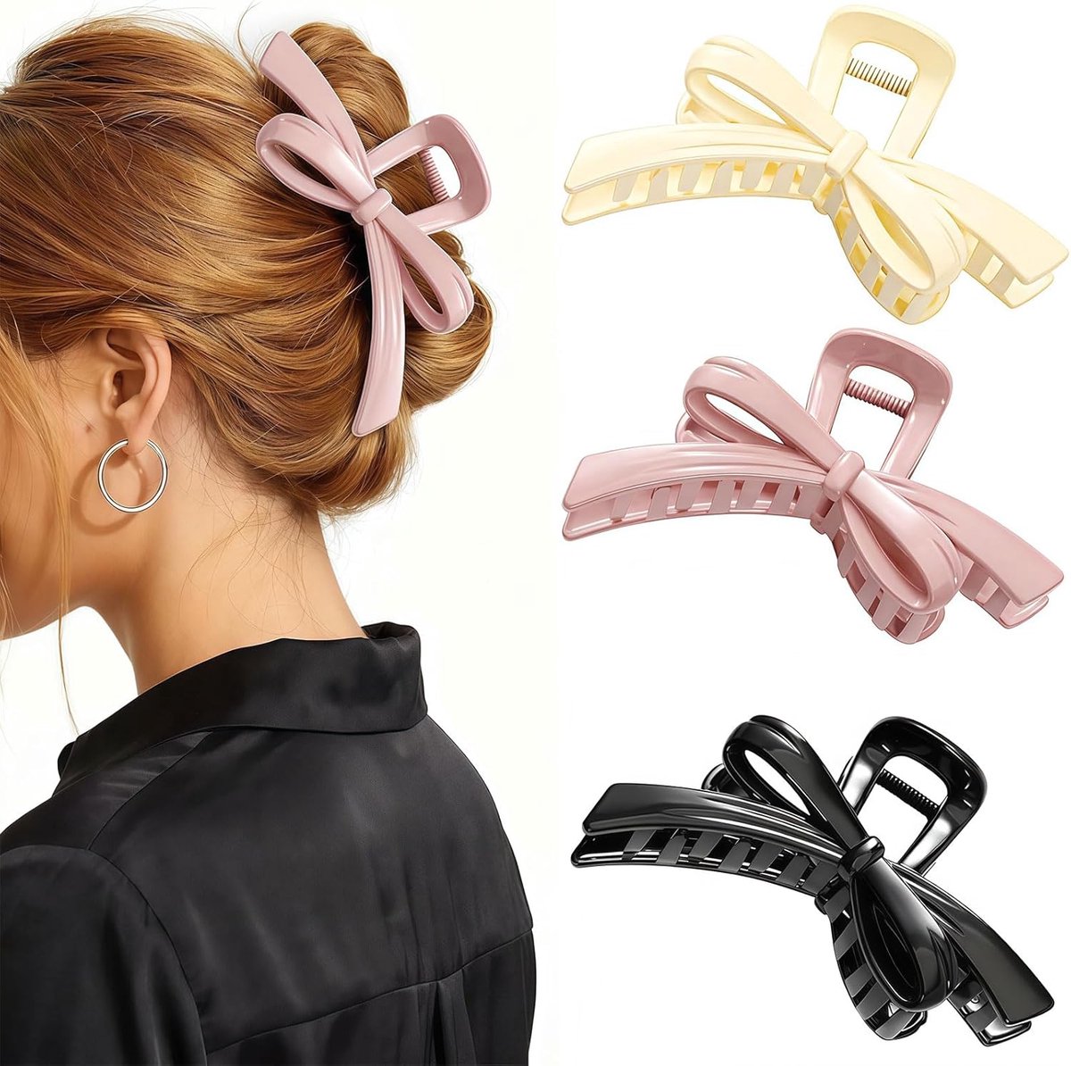 3 Pcs Haarklammern met Strikken voor Dames, schattige Strik-haarklemmen, antislip grote Haarklemmen voor dun en dik haar, sterke grip, Vlinder-haaraccessoires