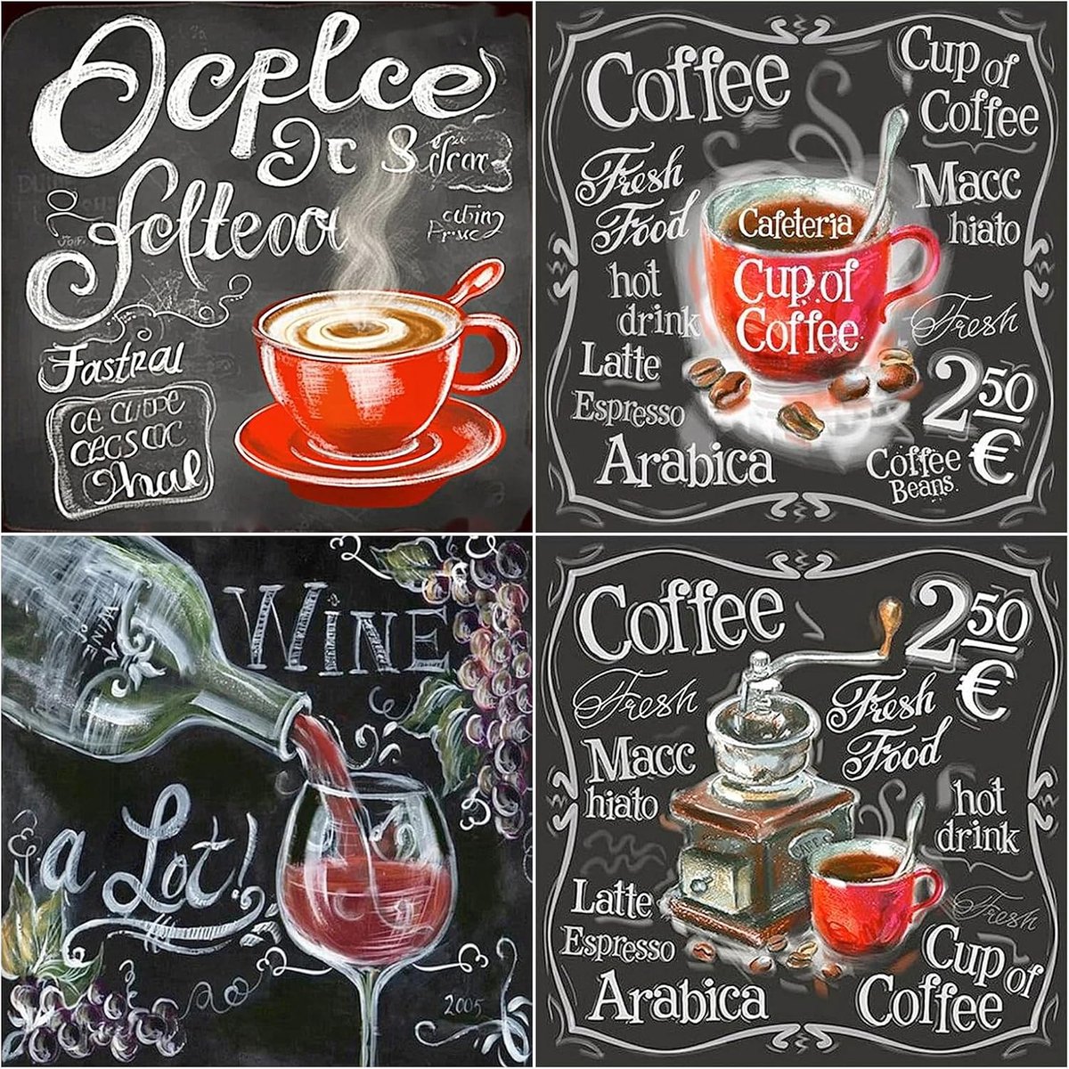 Diamond Painting Koffie, set van 4, 30 x 30 cm, koffiefoto's voor de keuken, 5D, diamond painting, koffie, diamond painting, wijnfles, diamant, schilderij, volwassenen, zwart, wit, koffie