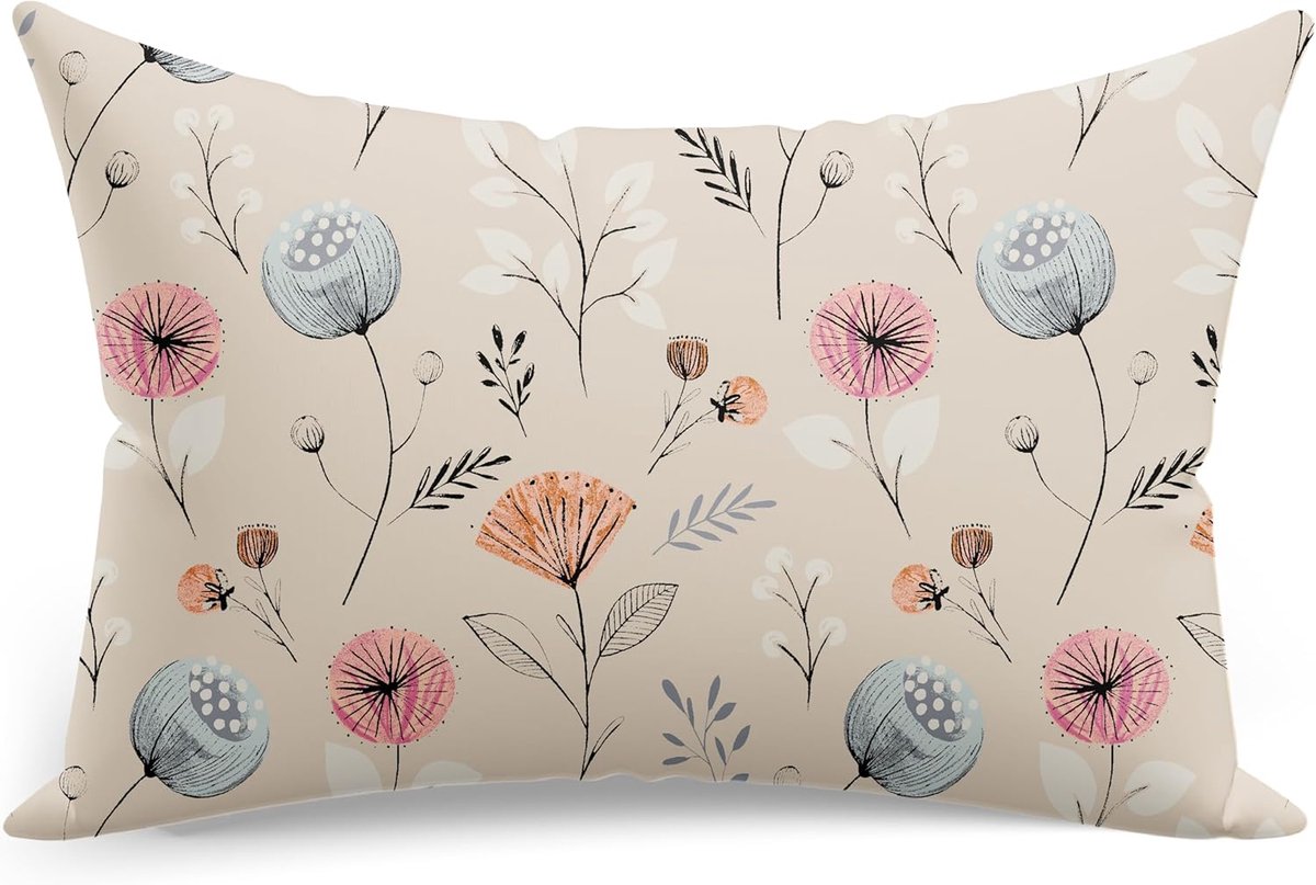 Flanellen kussensloop 50 x 70 cm kussensloop pluizig van 100% katoen, kussensloop Öko-Tex met ritssluiting, klaprozen en paardenbloemen