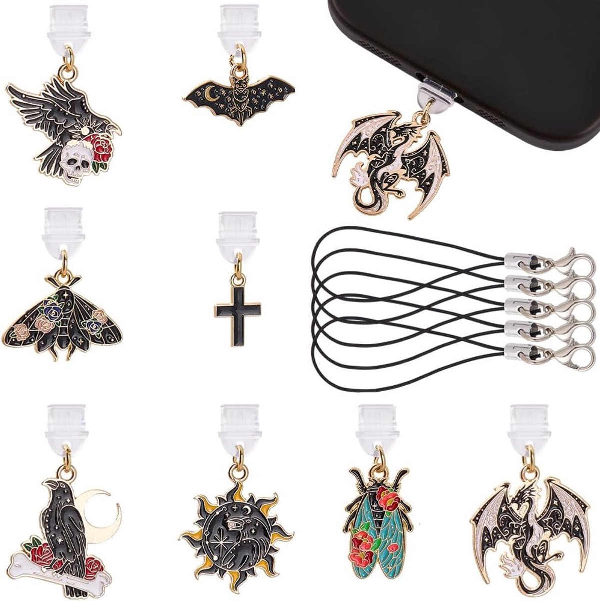 Set van 16 stuks hangers en lanyards in gotische stijl met stofbeschermende stekkers (kruis, draak, zon, doodshoofd). Compatibel met e-readers en smartphones met USB Type C-oplaadpoort