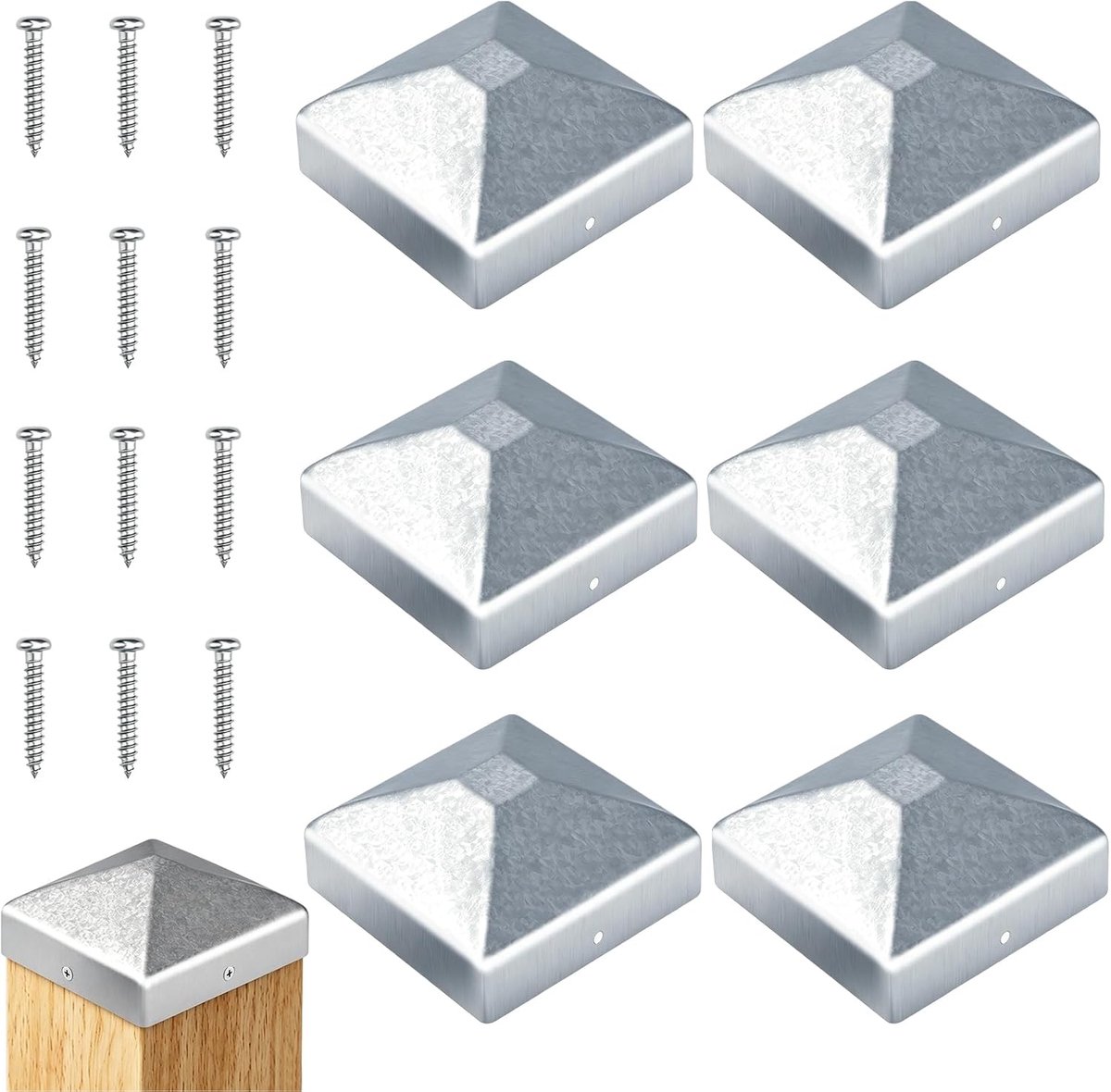 6 stuks Paalkoppen 9x9 cm, Paaldoppen van Metaal | 90x90 mm, Houten Paalkappen, Afdekhoes voor Palen, Weerbestendige Deksel voor Houten of Metalen Palen, Inclusief Schroeven