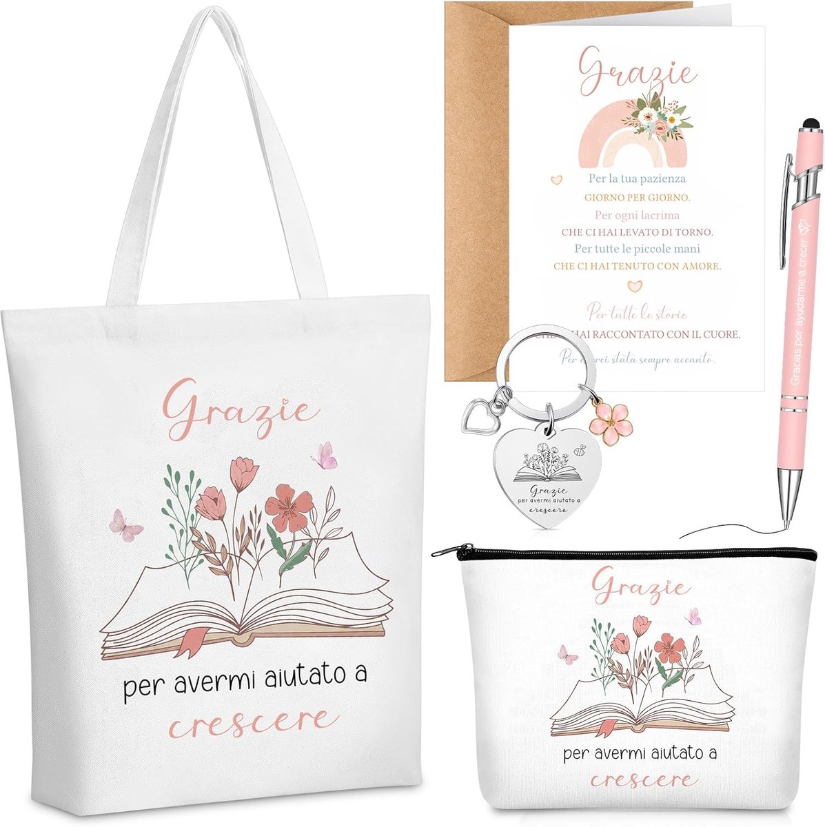 Bedankcadeau Voor de Leerkracht 1 Canvas Draagtas 1 Make-Uptasje 1 Balpen 1 Sleutelhangertje 1 Kaart Met Envelop Bedankt Voor Leerkracht Afsluiting Het Schooljaar(Bloemen, boeken)