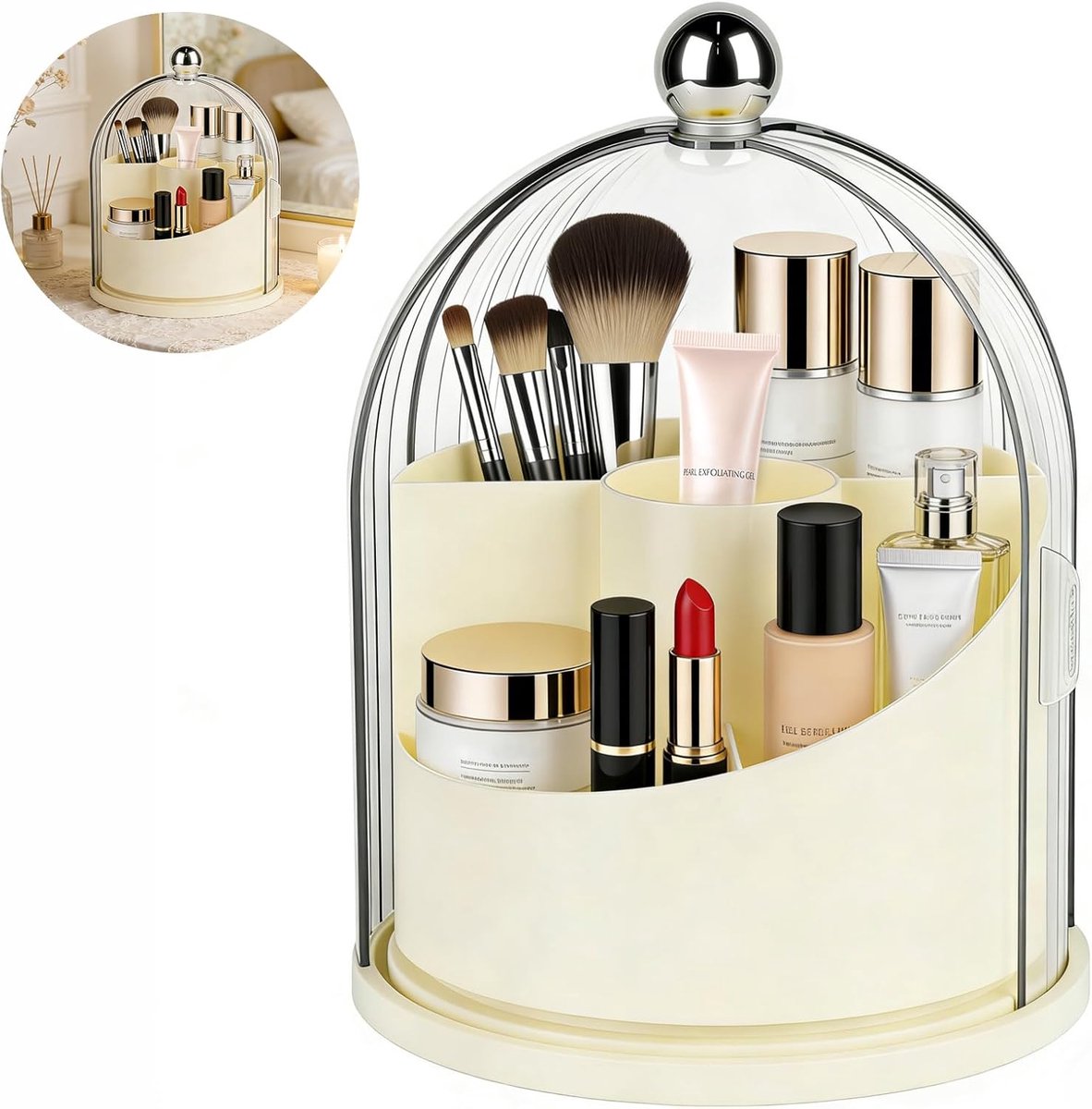 kwasthouder met deksel, 360 draaibare make-up cosmetica-organizer, make-up kwastenorganizer, transparant, stofdicht, spinning cosmetica-houder voor make-uptafel, badkamer (transparant wit)