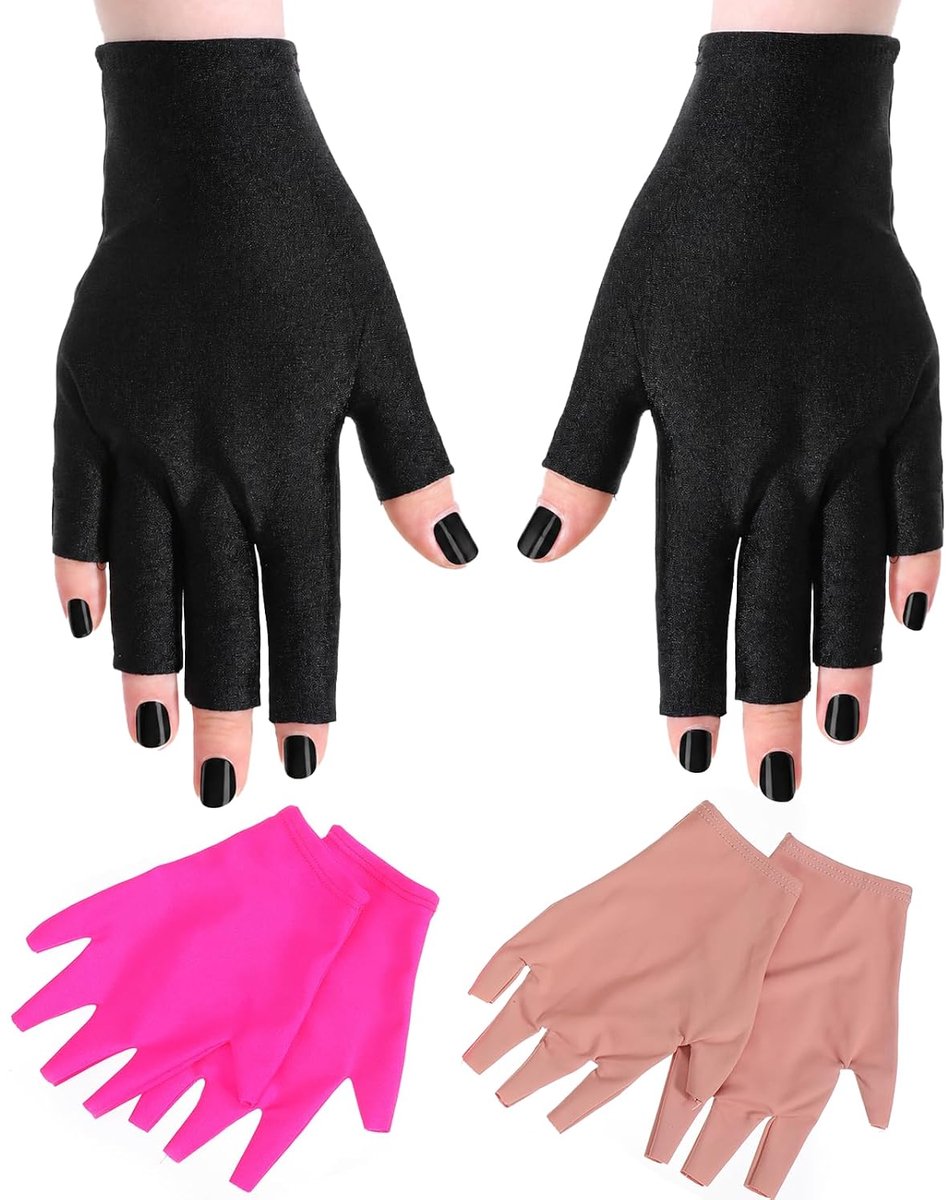 3 paar uv-handschoenen, UPF50+ uv-bescherming, uv-nagellak, vingerloos design voor gelmanicure, beschermt handen tegen zon en UVA/UVB-licht (zwart + camel + roze, eenheidsmaat)