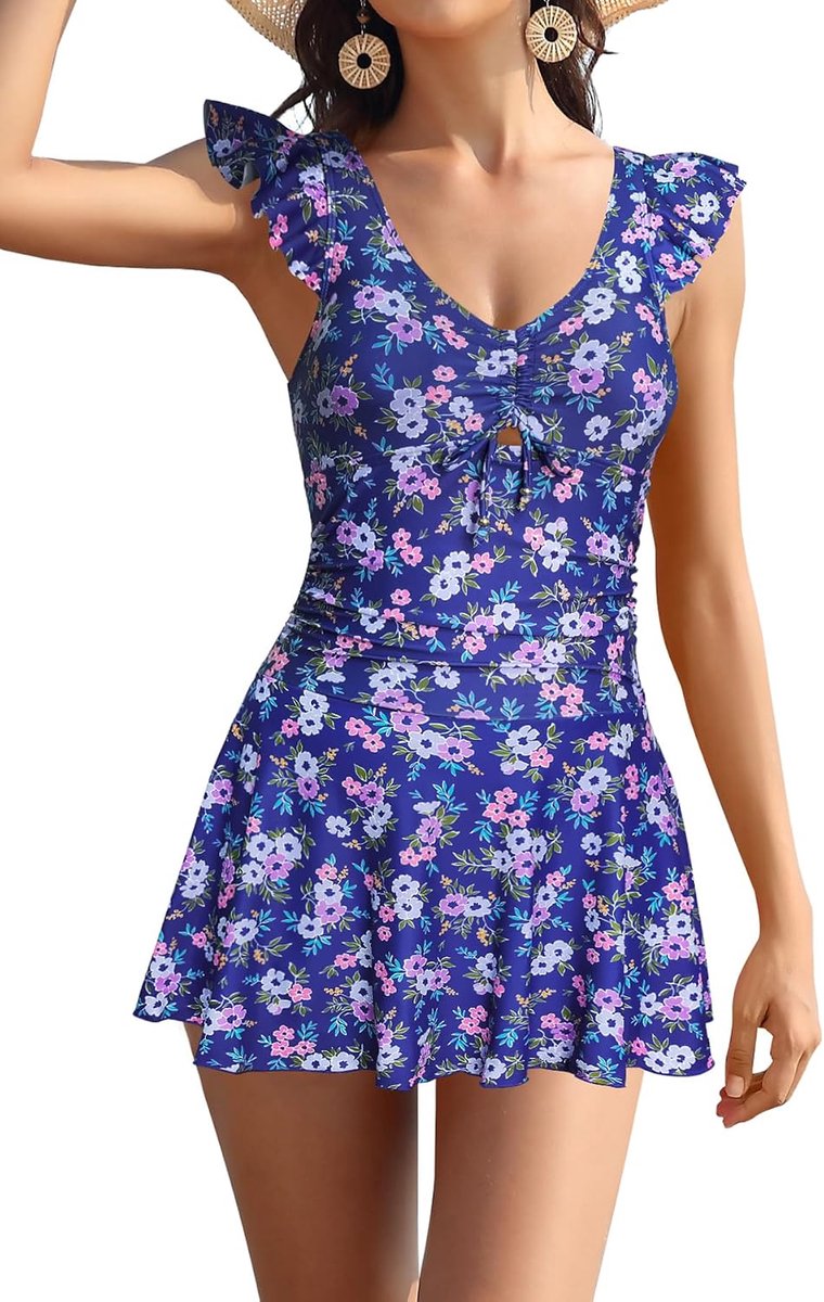 Trekkoord Dames Zwemkleding Uit Één Stuk Ruches Buikcontrole Eendelig Badpakjurk Elegant Gevoerd Eendelig Badpak voor Dames