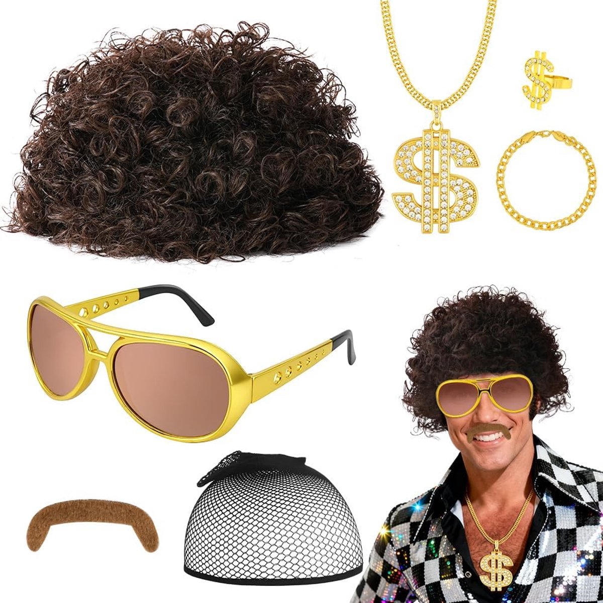Disco Afropruik voor heren, 7 stuks, met 80 pruik, gouden kettingen, zonnebrillen, ringen, baard, meer vintage accessoires, haaroutfit, disco, rockster, krullen, kostuum, cosplay, Halloween