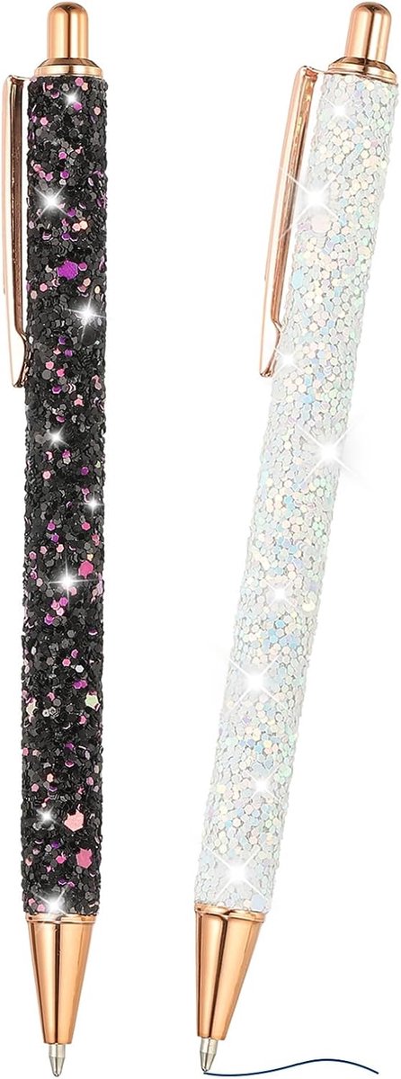 Glitter Balpen, 2 stuks sprankelende fancy glitter pen intrekbare druk metalen journaling schrijfpennen zwarte inkt voor vrouwen meisjes kantoor verjaardag, zwart wit