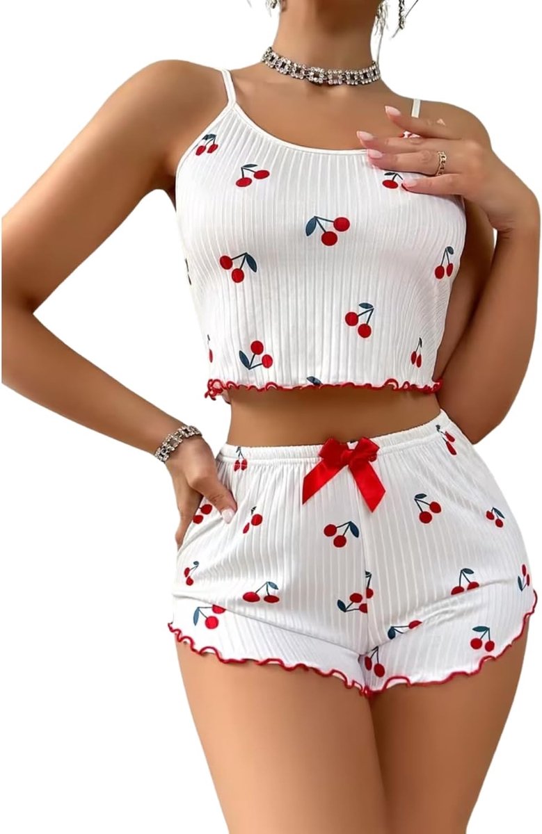 Pyjama voor dames, zomer, kort, hartprint, pyjamaset, tweedelig, tanktop + shorts, nachtkleding, mouwloos, sexy loungewear