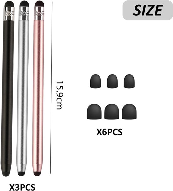 3 dubbele kop touchscreen-pennen, rubberen stift, capacitieve metalen pen, voor tablet en smartphone, zwart, zilver, roze — afbeelding 5