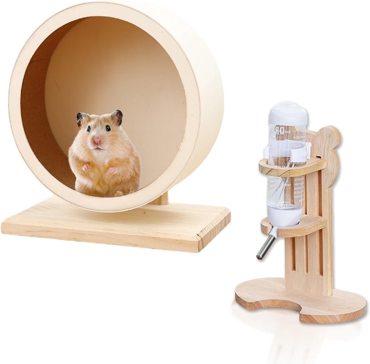 Set van 2 houten hamsterwielen en hamsterdrinkfles met standaard, 20 cm hamsterwiel van hout, 125 ml waterflessen, stille loopfiets met kogellagers voor kleine dieren, hamsters, muizen, chinchilla's