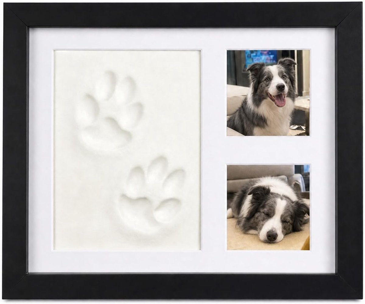Pootafdrukset hond kat, zwarte fotolijst 23 x 28 cm, doe-het-zelf afdrukset met afdrukmassa, perfect aandenken cadeau voor dierenbezitters