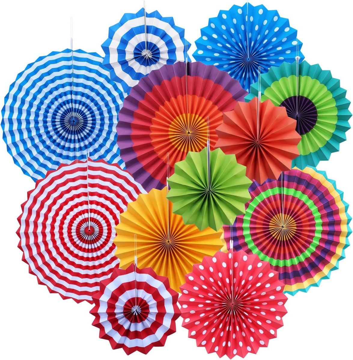 12 stuks feestdecoraties, herbruikbare papieren waaierdecoraties met 3 maten en clips, kleurrijke Mexicaanse feestpapieren decoraties voor verjaardagen, carnaval, binnen- en buitenevenementen