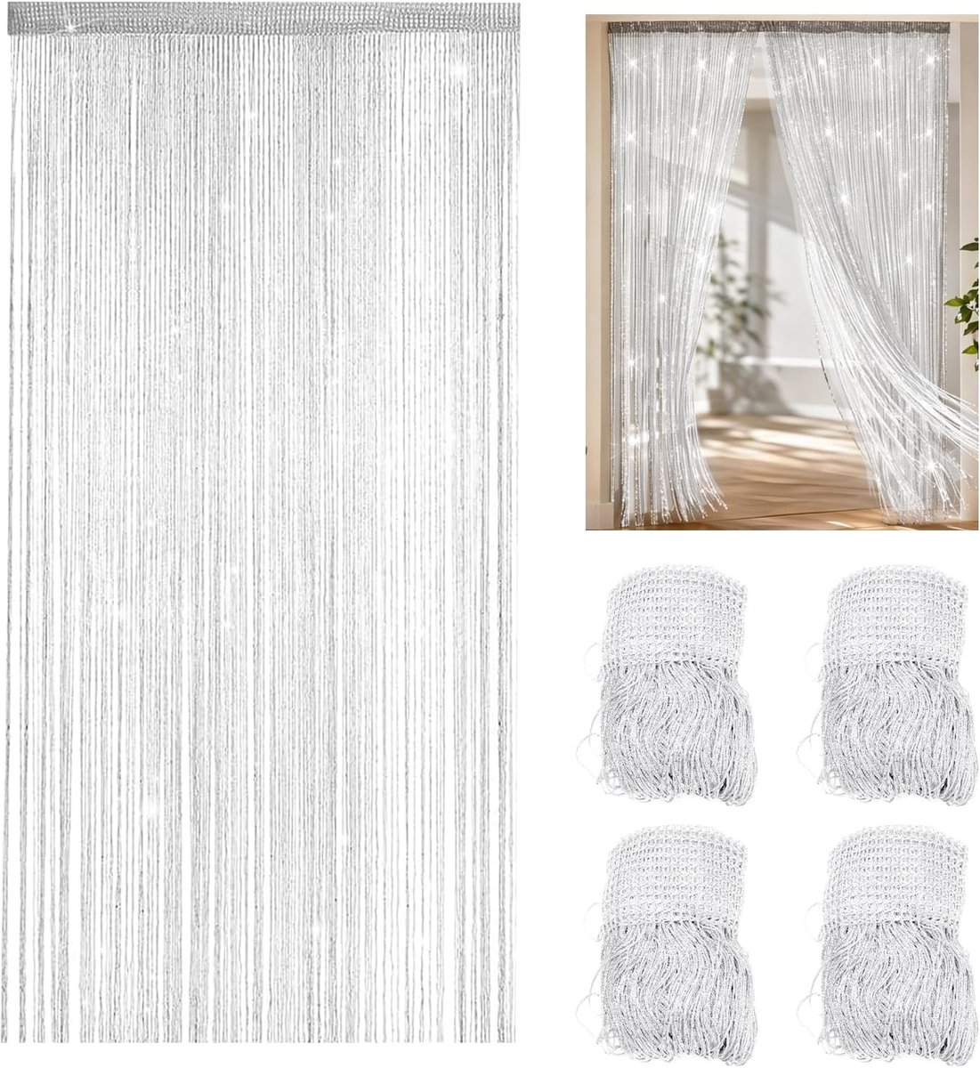 4 stuks draadgordijn, 100 x 200 cm, glitter deurgordijn & raamdecoratie, parelgordijn als ruimteverdeler voor bruiloft, feest en woonkamer (wit)