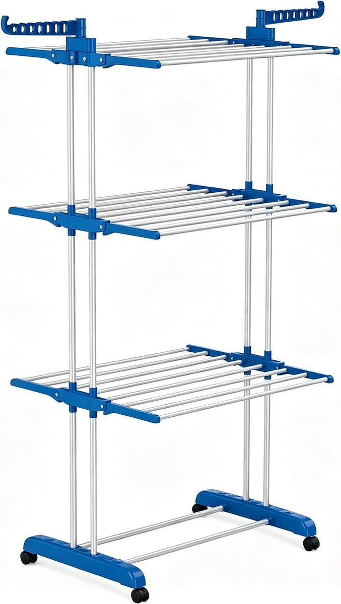 droogrek met 4 niveaus met wielen, robuust kledingrek van metaal met 6 kleppen, 2 zwenkarmen en 10 haken, ruimtebesparend voor binnen en buiten, blauw