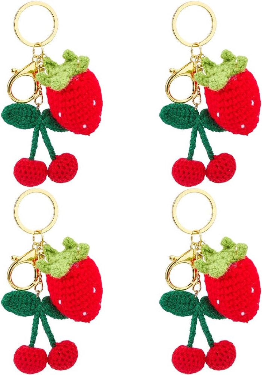 Set van 4 sleutelhangers met aardbeien, handgemaakt, acryl, Kawaii-garen, 12 cm, pluche hanger met karabijnhaak, voor tas, rugzak, sleutelhanger