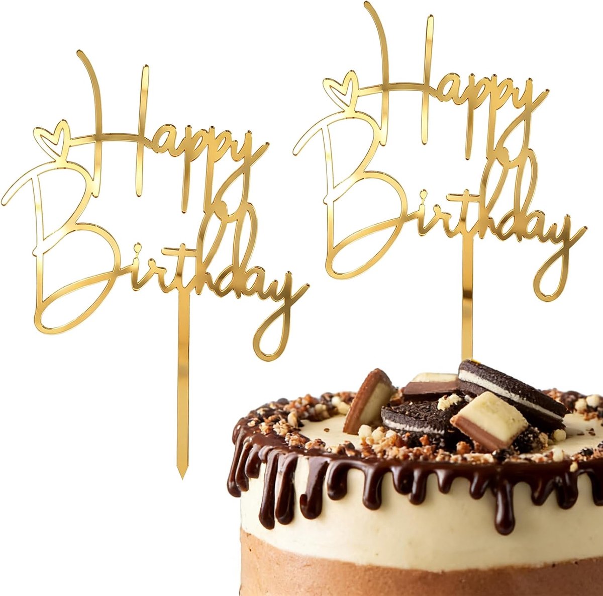 2 stuks Happy Birthday taartdecoratie gouden taartdecoratie verjaardag Happy Birthday taarttopper verjaardagstaart decoratie taartdecoratie voor meisjes jongens vrouwen mannen verjaardag